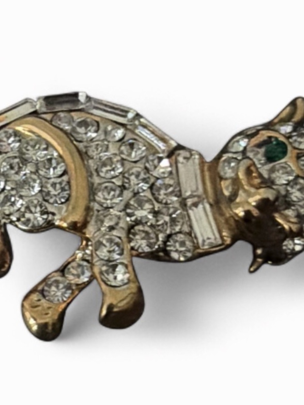 Vintage Rhinestone Cat Brooch Gold Tone MetL With Clear Crystals Costume Jewelry - Picture 3 of 5